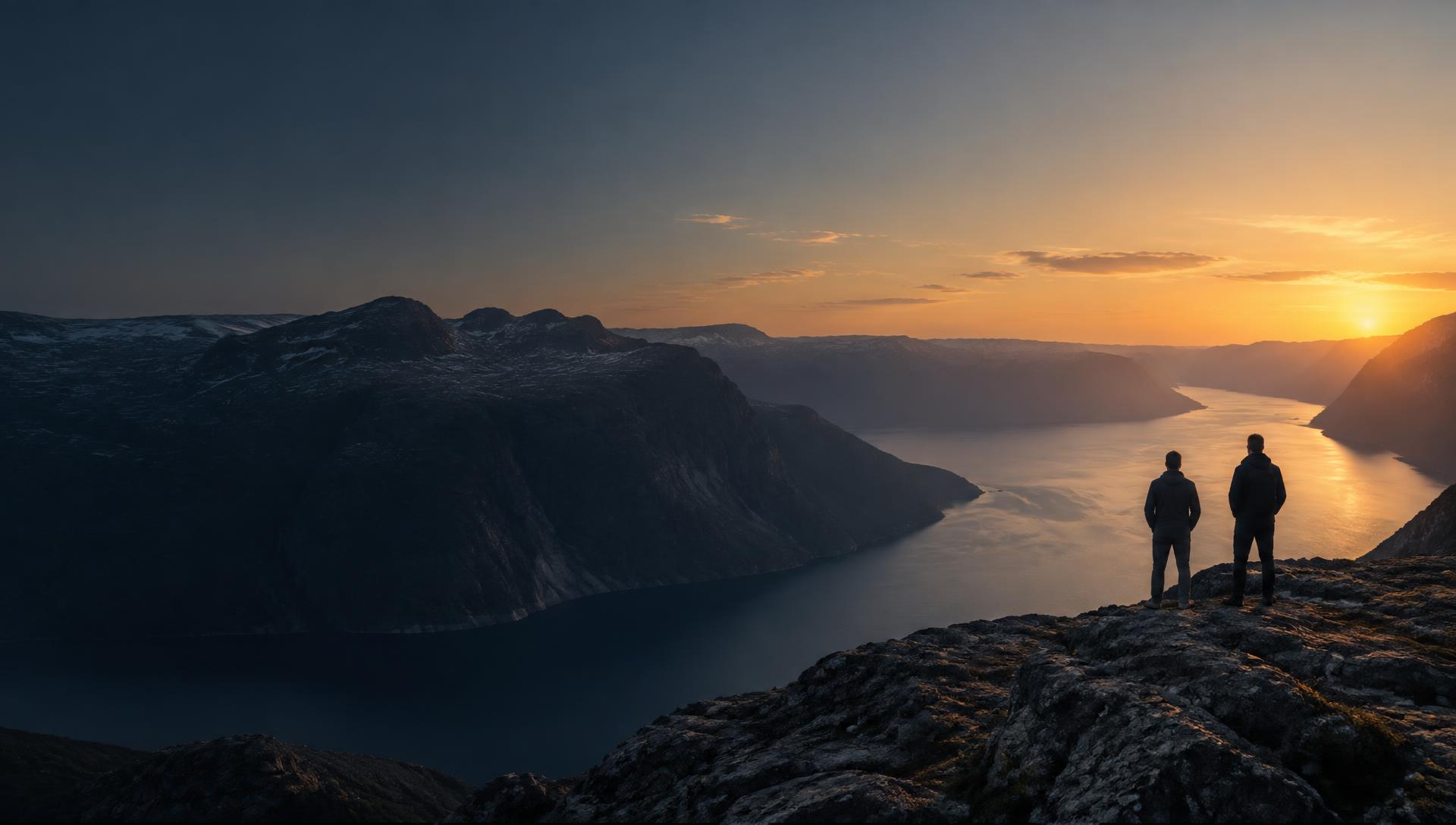 Två företagare blickar ut över ett skandinaviskt fjordlandskap